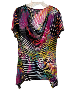 Frank Lyman Abstract Cowl Neck Top 18 Plus Colourful Asymmetric Hem Sharkbite